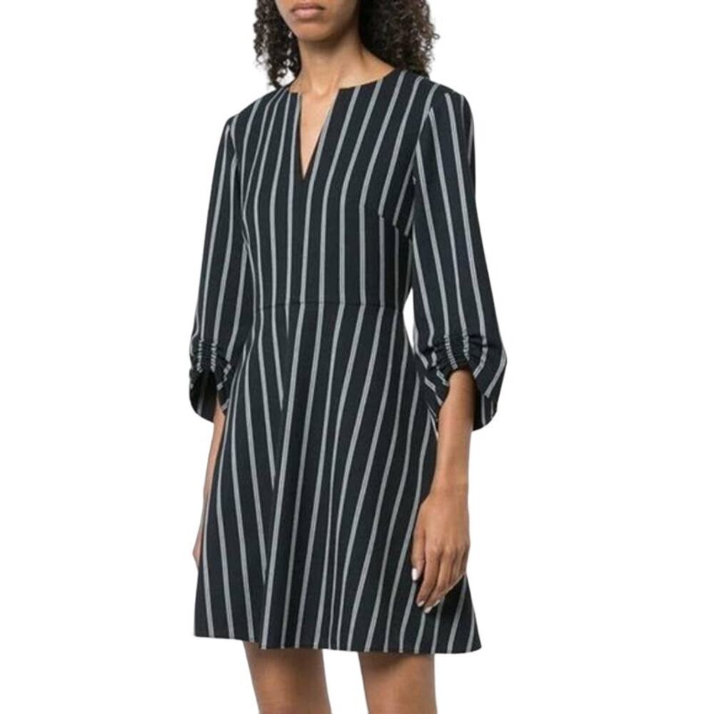 Tibi Women's Navy Ruched 3/4 Sleeve Striped Felix Dress Size 4